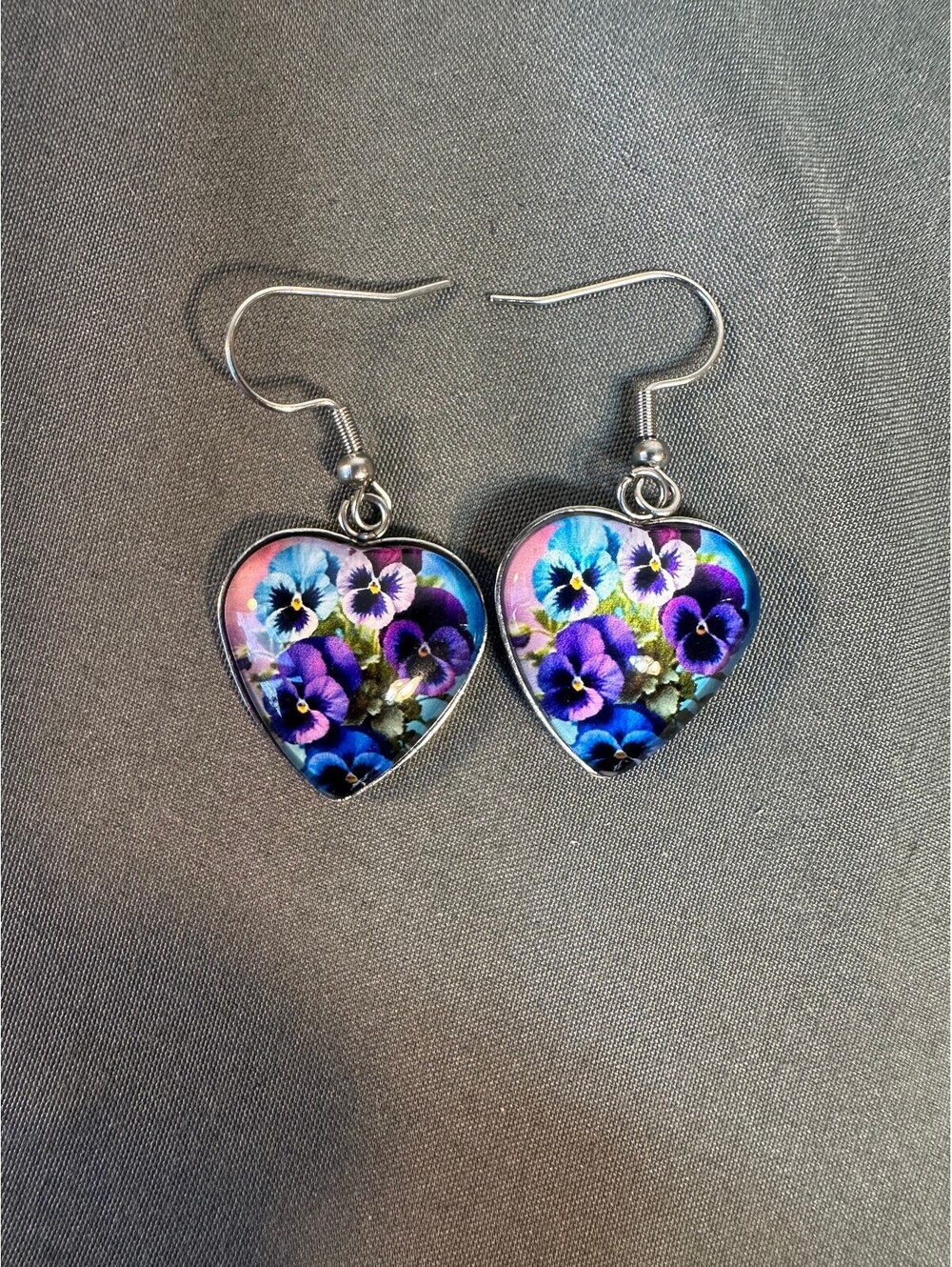 Heart Shaped Blue and Purple Pansy Dangle Earrings